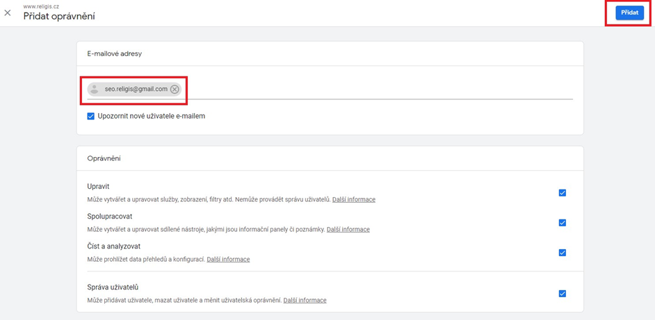 Přidání oprávnění v Google Analytics