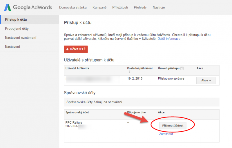 Přístup k účtu AdWords